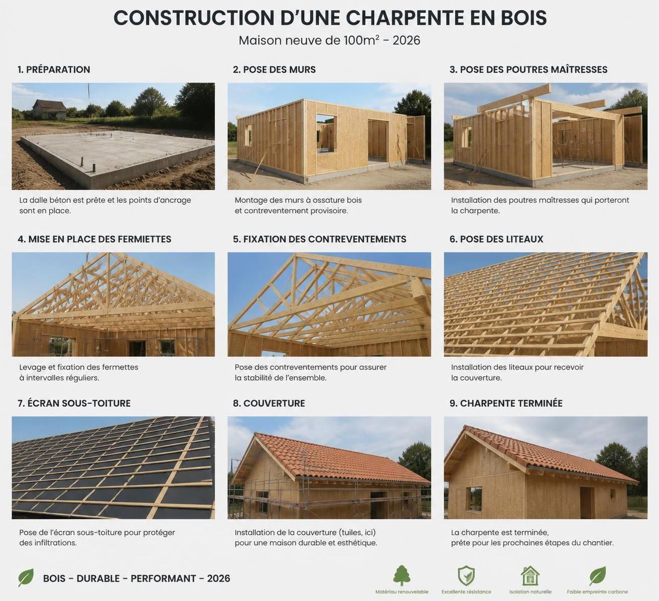découvrez le prix moyen d'une charpente de 100m2 en 2026, les facteurs influençant le coût et des conseils pour bien budgétiser votre projet de construction ou rénovation.