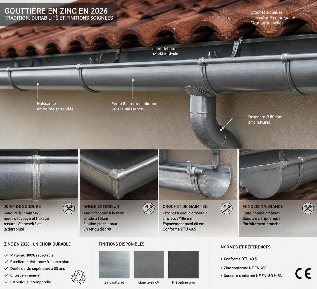 découvrez le prix moyen d'une gouttière en zinc posée en 2026, incluant les coûts de matériaux et de main-d'œuvre. informez-vous pour préparer votre projet de rénovation ou construction.